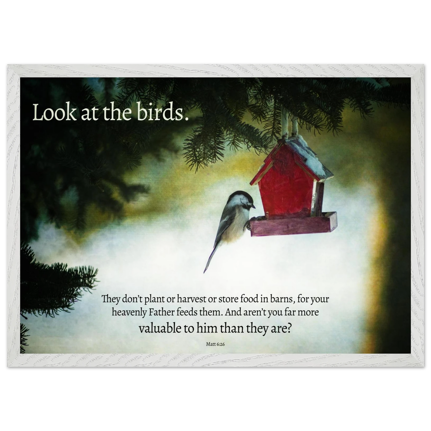 Red birdhouse with a bird on a snowy background, featuring a motivational quote.
