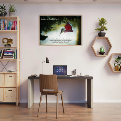 Home office with a desk, chair, and wall art
