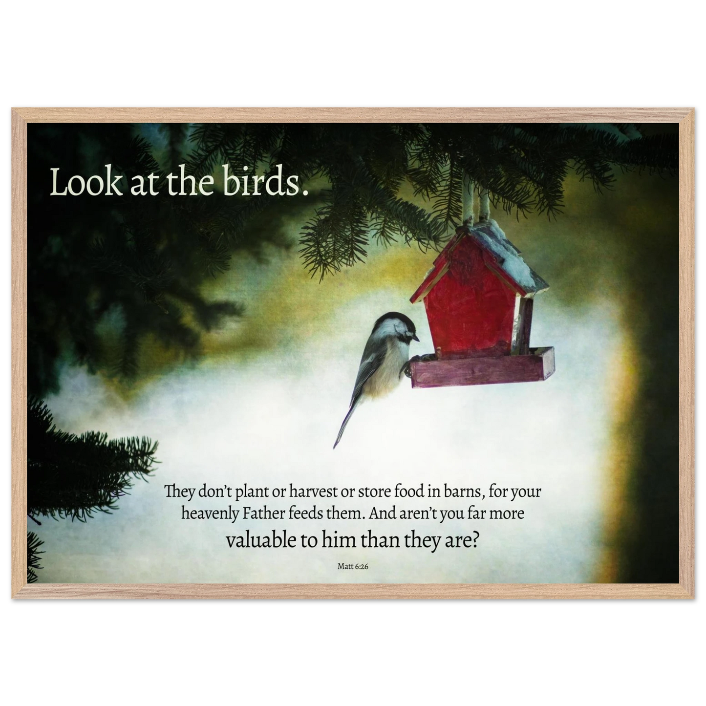 Framed artwork with a bird and birdhouse on a misty background, featuring a religious quote.