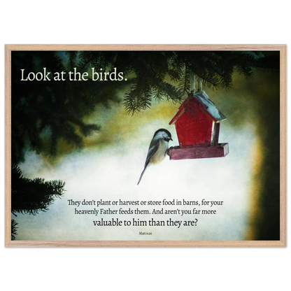Framed artwork with a bird and birdhouse on a misty background, featuring a religious quote.