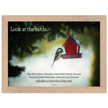 Framed artwork with a bird and birdhouse against a misty background, featuring text.