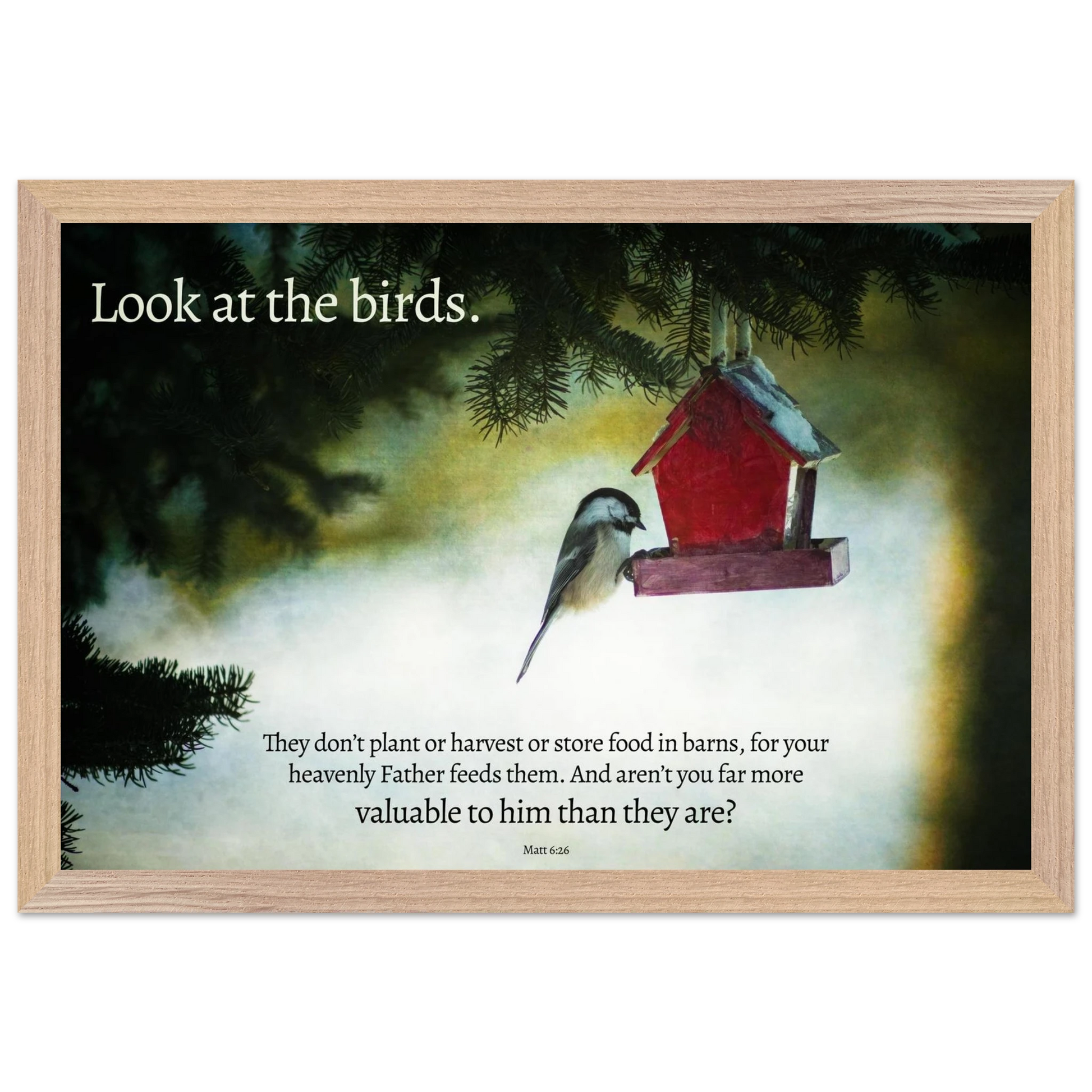 Framed artwork with a bird and birdhouse on a misty background, featuring a religious quote.