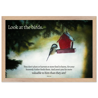 Framed artwork with a bird and birdhouse on a misty background, featuring a religious quote.