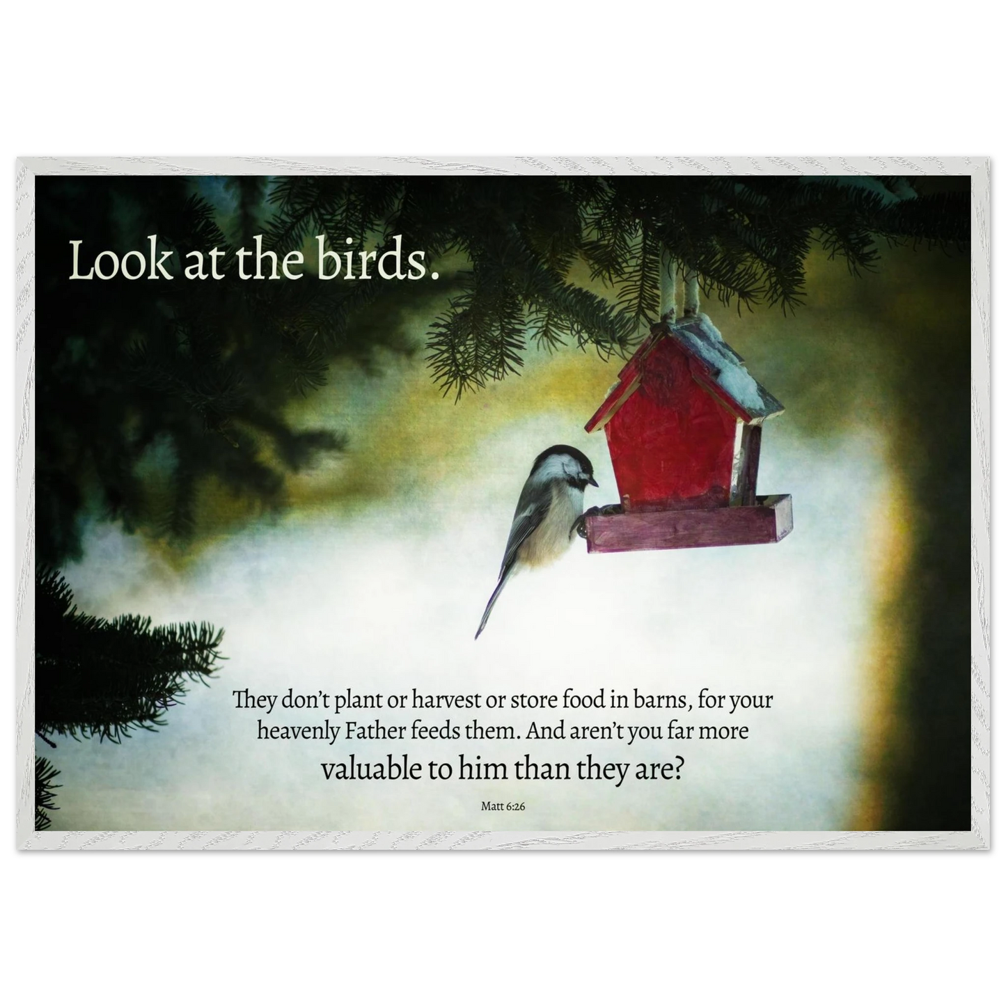 Red birdhouse with a bird on a snowy background, featuring a motivational quote.