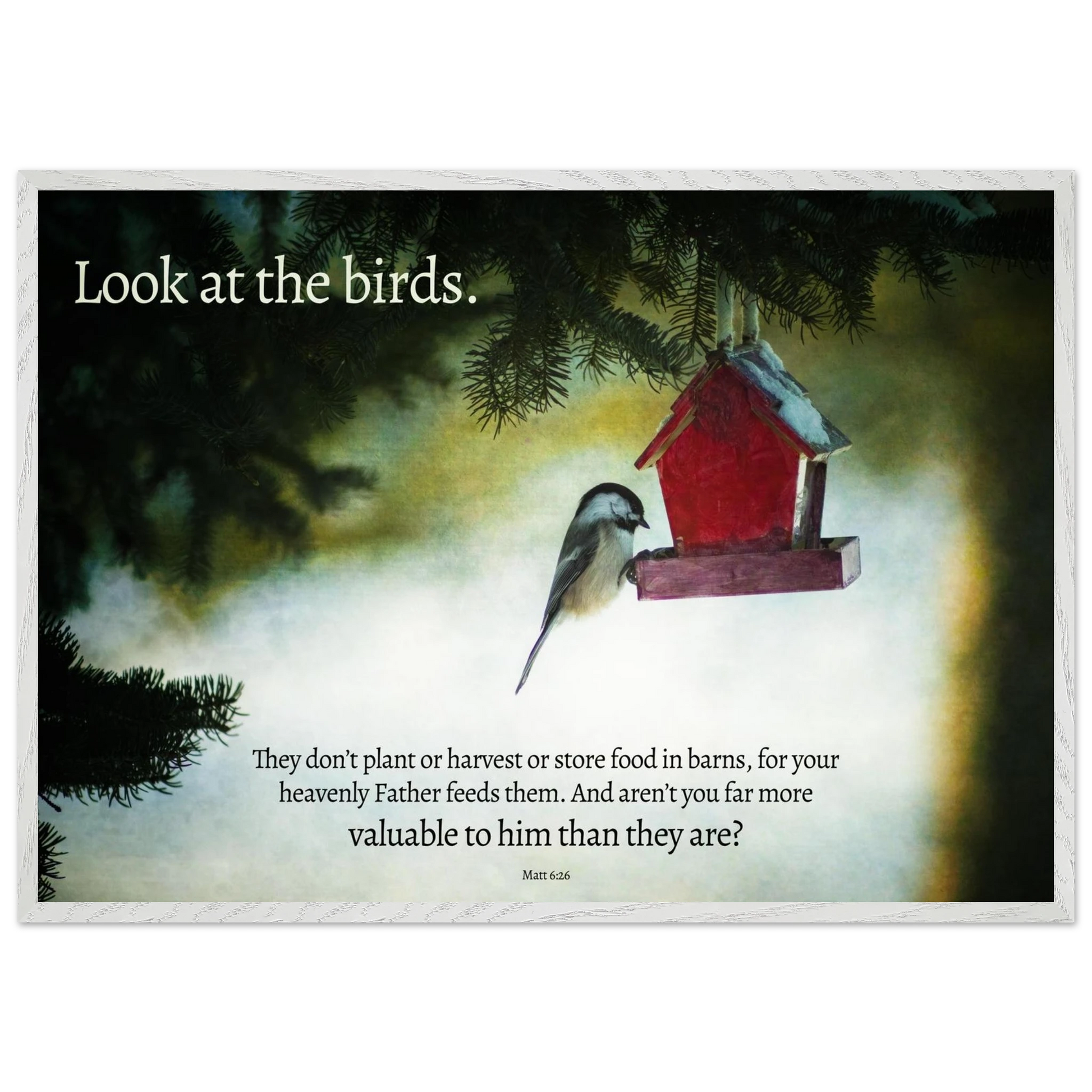 Red birdhouse with a bird on a snowy background, featuring a motivational quote.