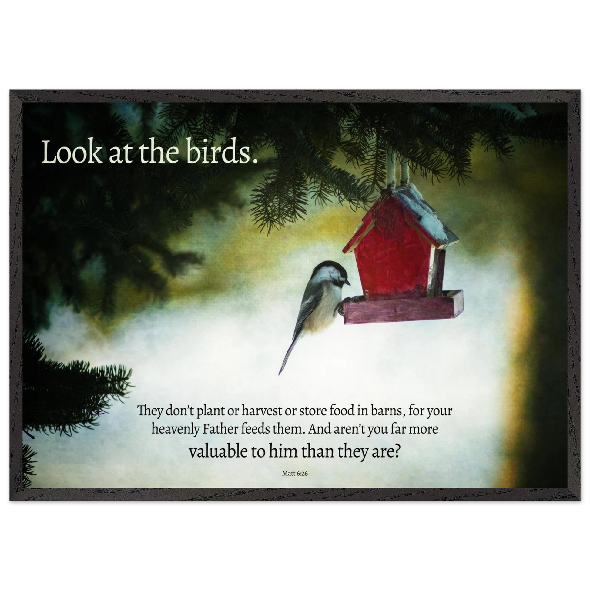 Red birdhouse with a bird on a snowy background, featuring a motivational quote.