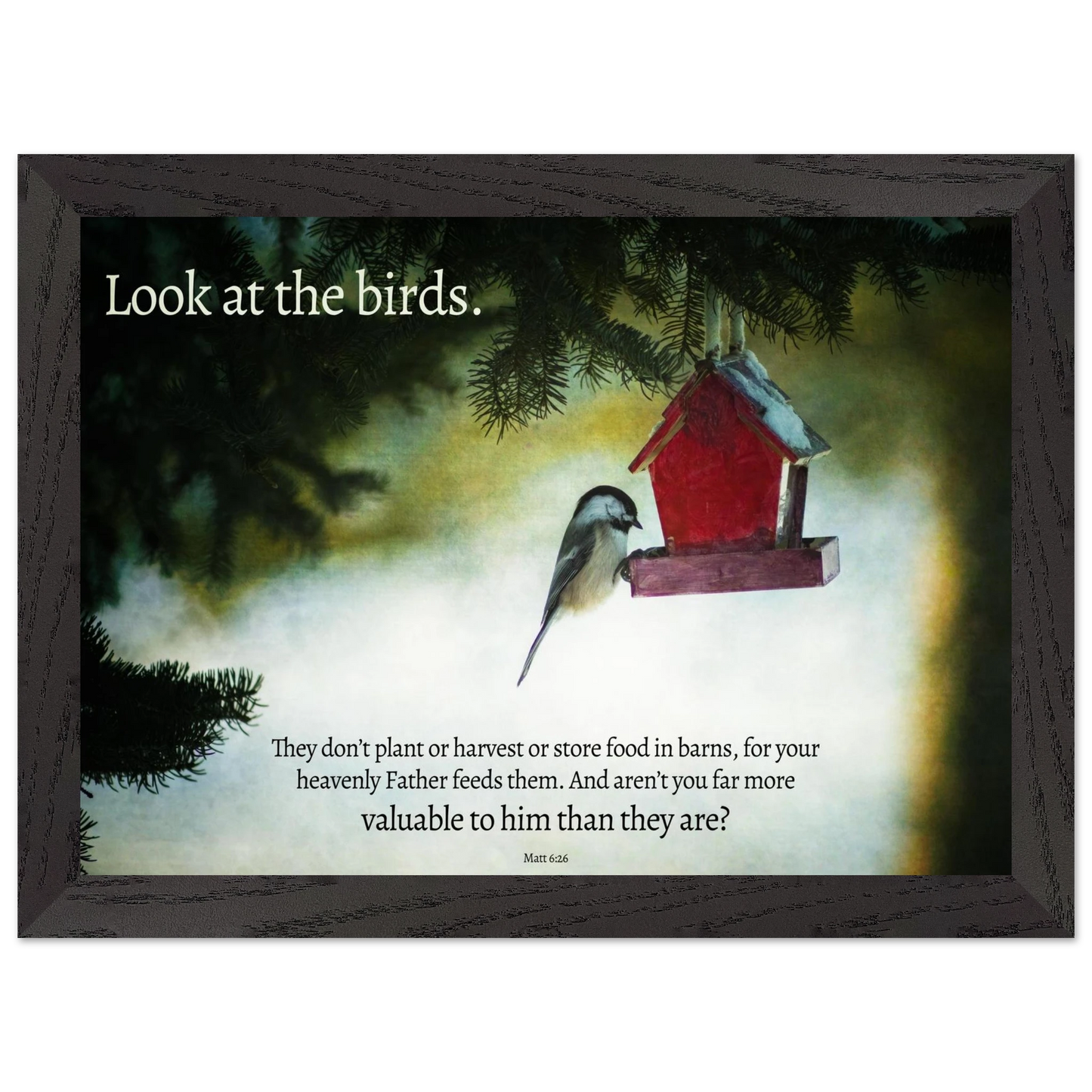 Framed artwork with a bird and red birdhouse against a misty background, featuring a biblical quote.