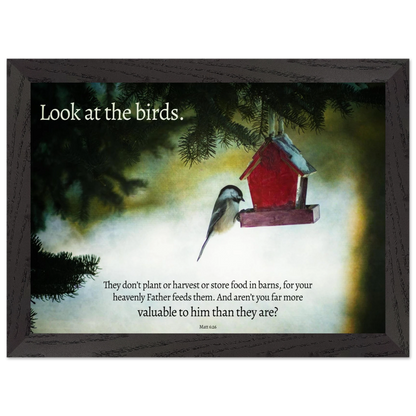 Framed artwork with a bird and red birdhouse against a misty background, featuring a biblical quote.