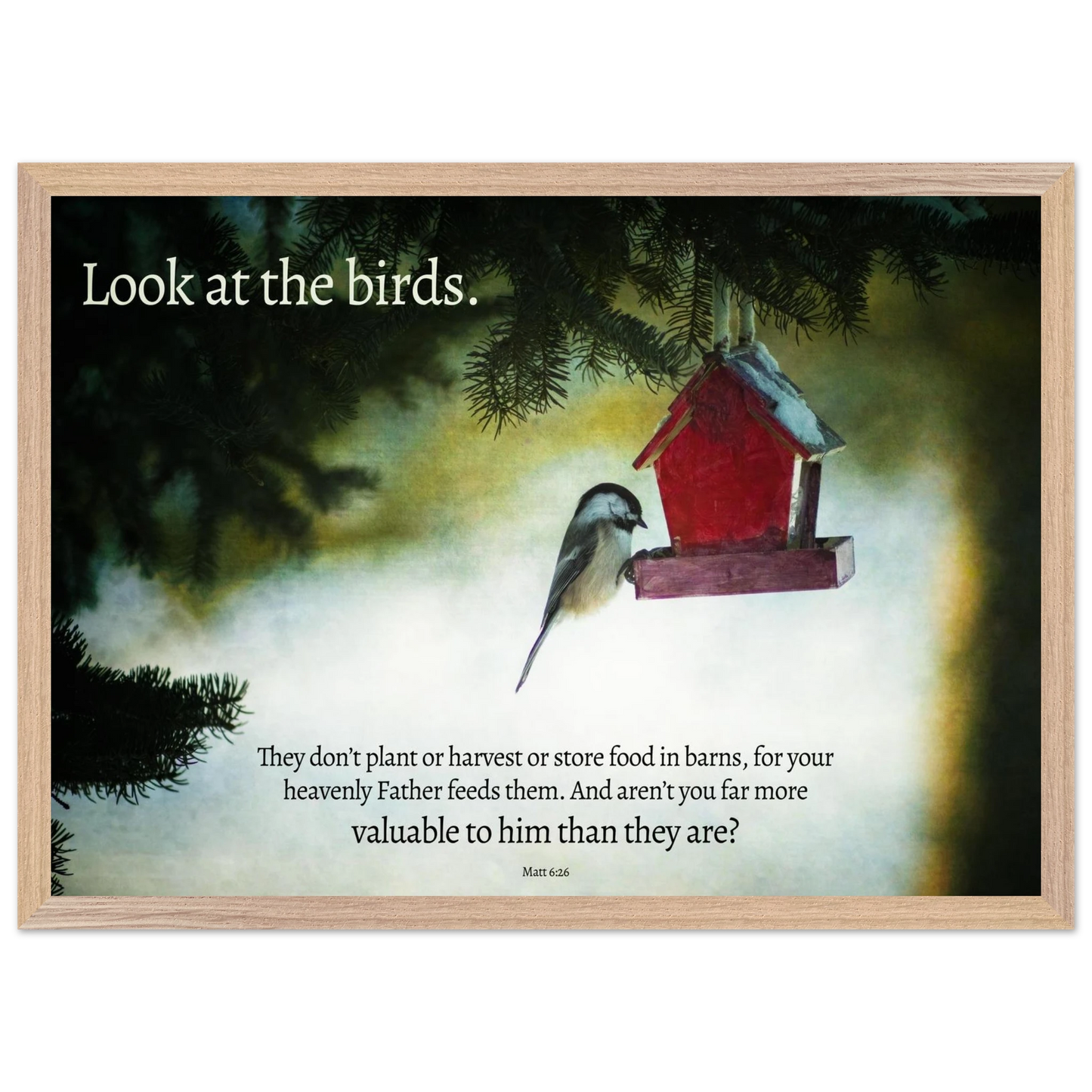 Framed artwork with a bird perched on a red birdhouse against a dark background.
