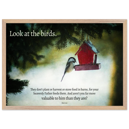 Framed artwork with a bird perched on a red birdhouse against a dark background.
