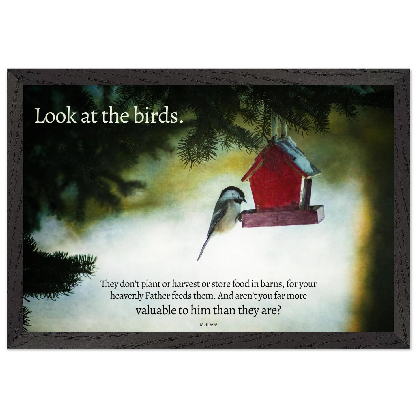 Framed artwork with a bird and birdhouse on a misty background, featuring text.