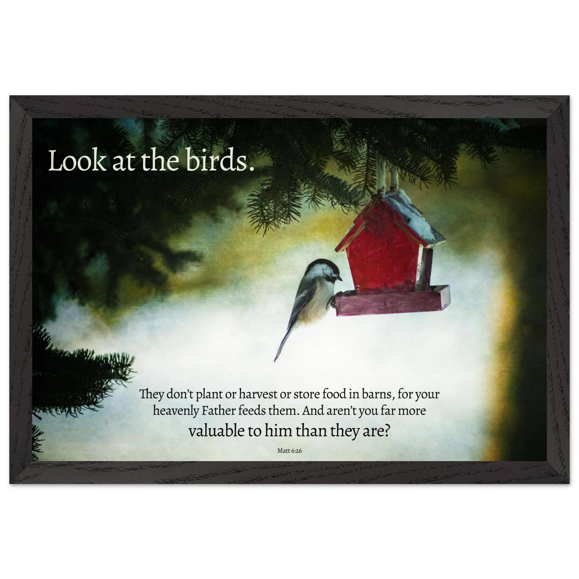 Framed artwork with a bird and birdhouse on a misty background, featuring text.