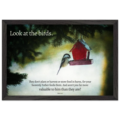 Framed artwork with a bird and birdhouse on a misty background, featuring text.