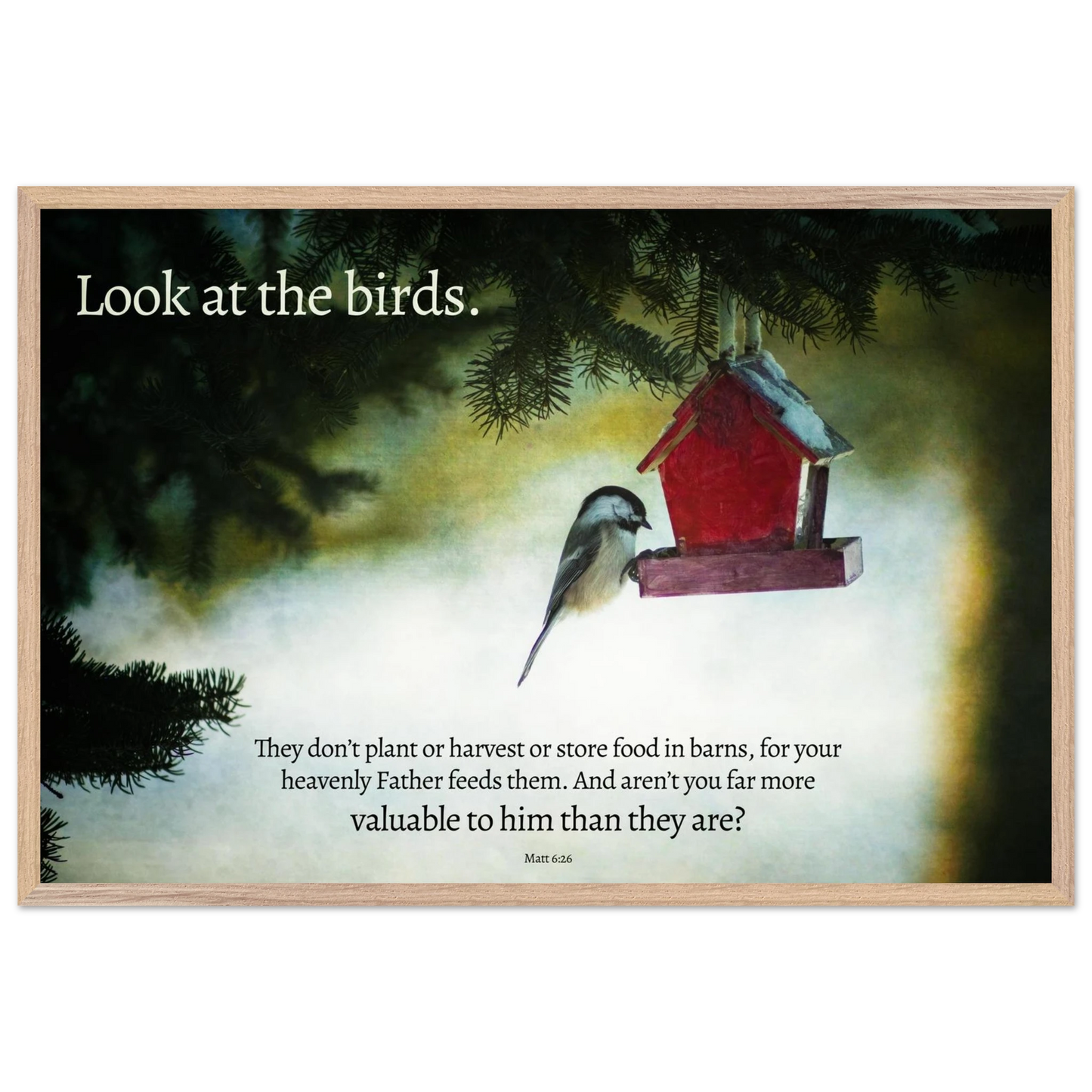 Framed artwork with a bird and red birdhouse against a misty background, featuring a quote.