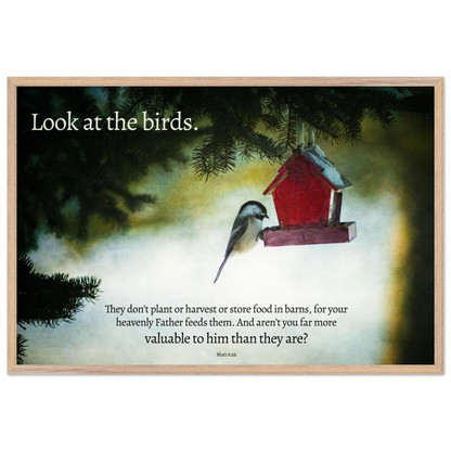 Framed artwork with a bird and red birdhouse against a misty background, featuring a quote.
