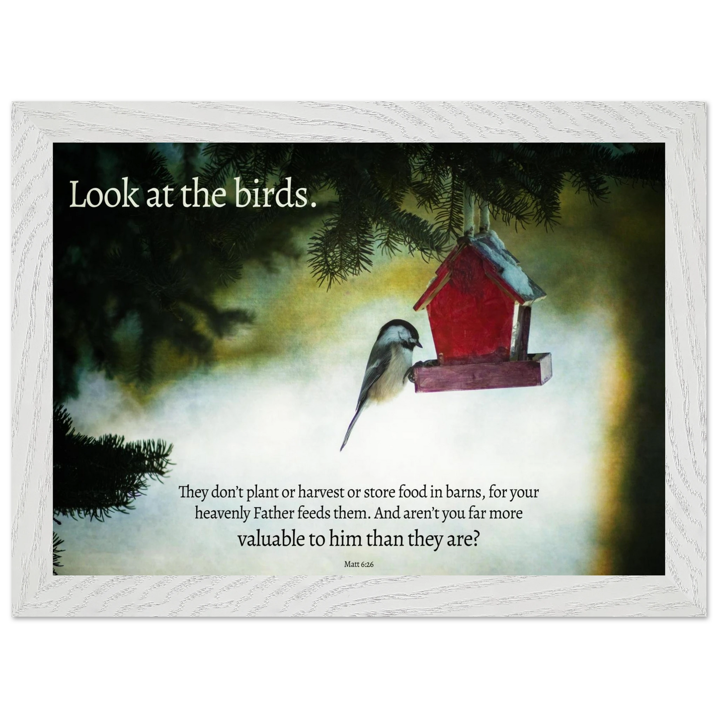 Framed artwork with a bird and birdhouse against a misty background, featuring a quote.