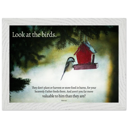 Framed artwork with a bird and birdhouse against a misty background, featuring a quote.