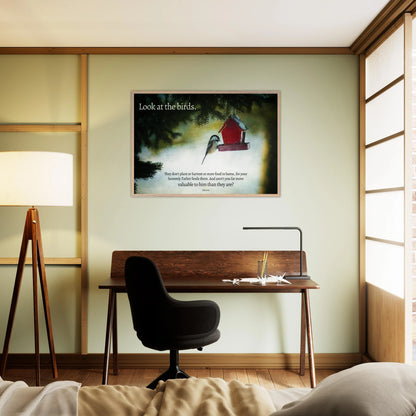 Modern bedroom with a desk, chair, and framed artwork on the wall.