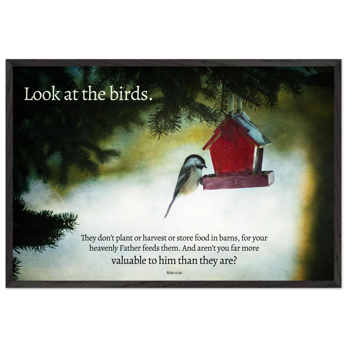 Red birdhouse with a bird on a misty background, featuring a quote.