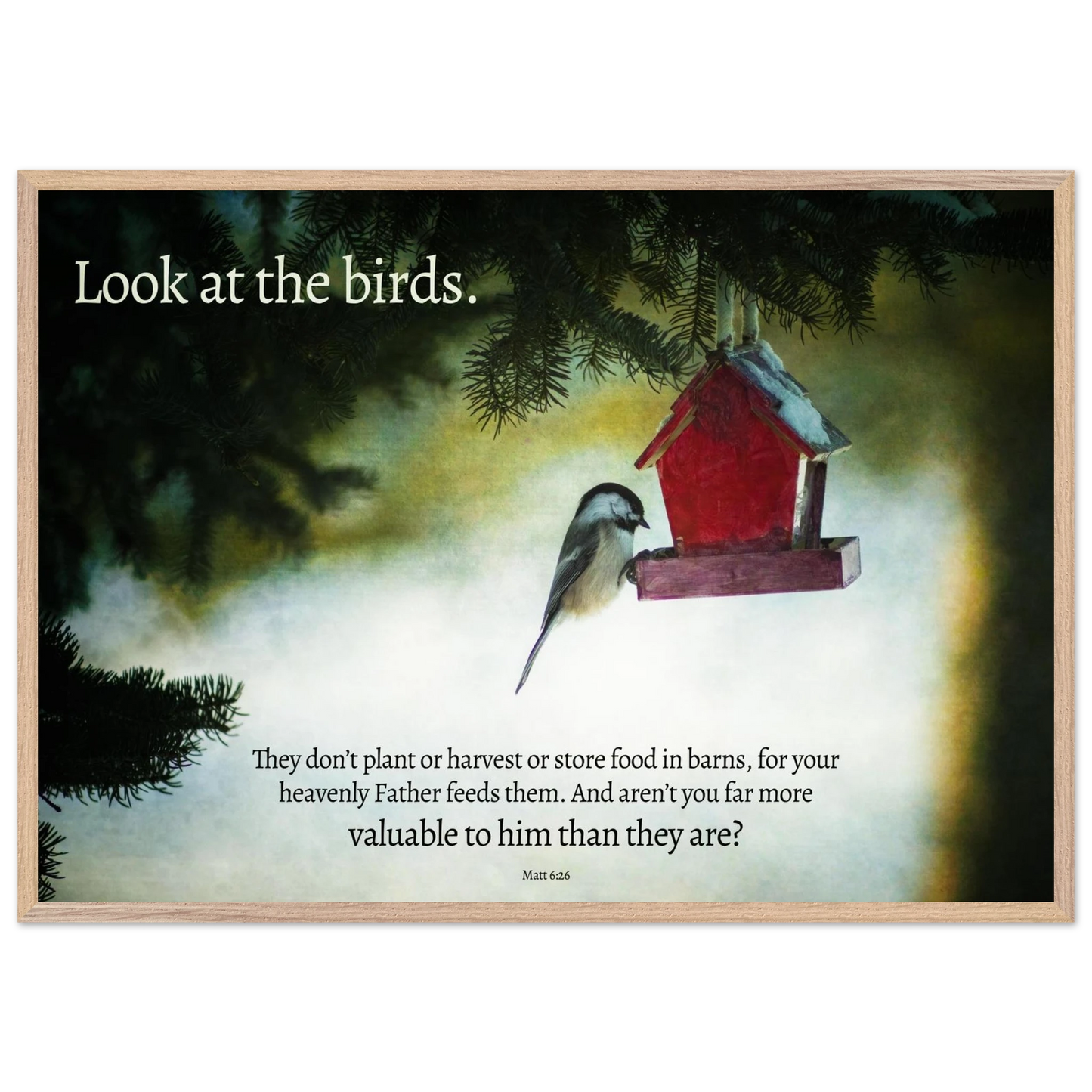 Framed artwork with a bird and birdhouse on a snowy background, featuring a motivational quote.