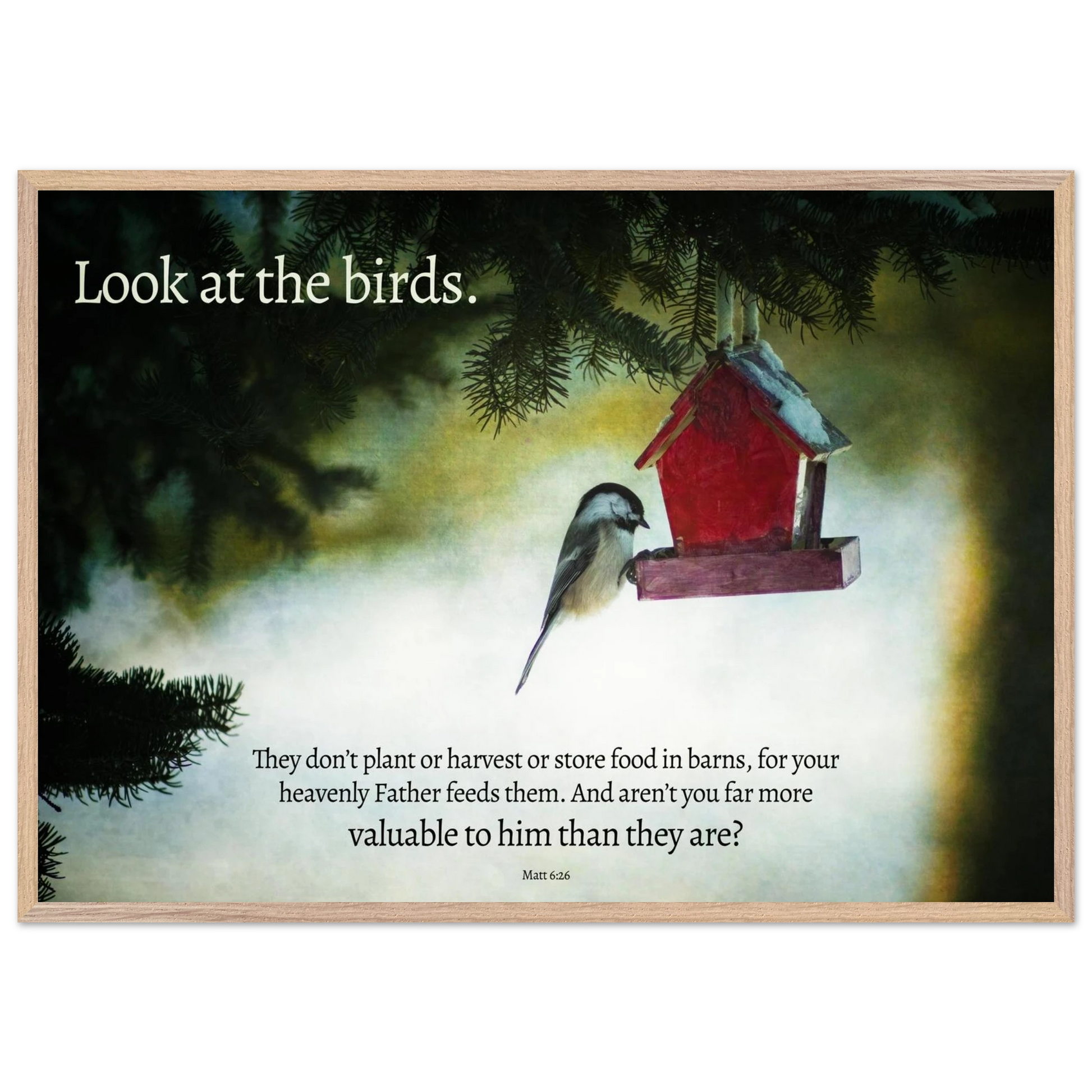 Framed artwork with a bird and birdhouse on a snowy background, featuring a motivational quote.