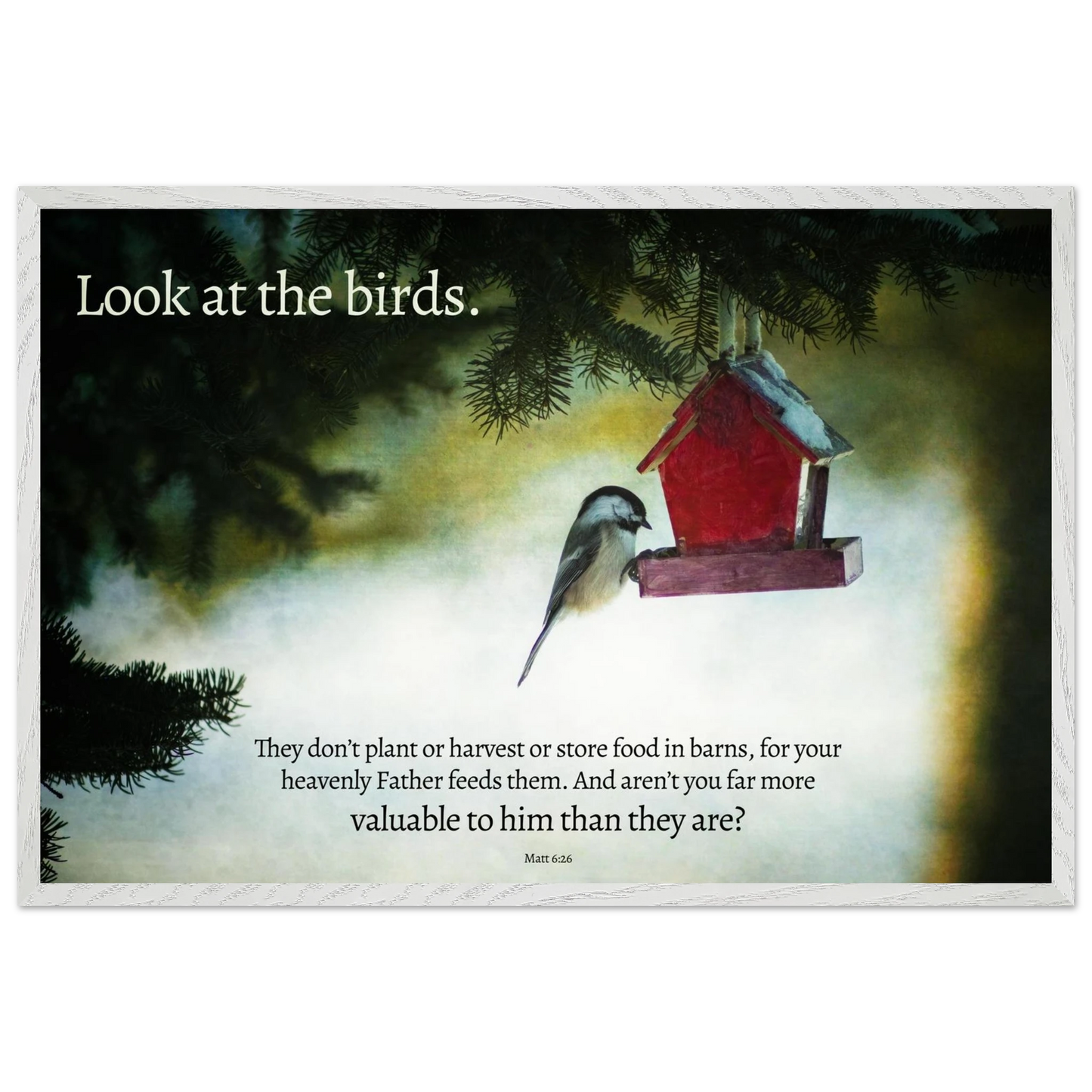 Red birdhouse with a bird on a misty background, featuring a quote.