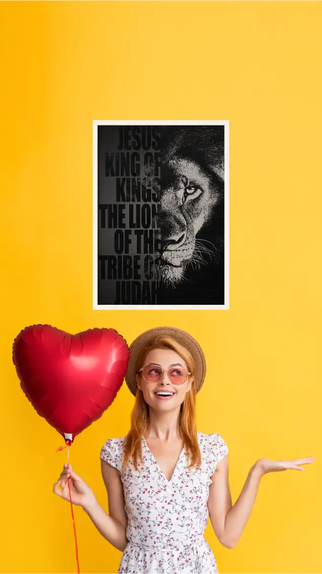Woman holding a red heart balloon with a lion and text graphic on a yellow background