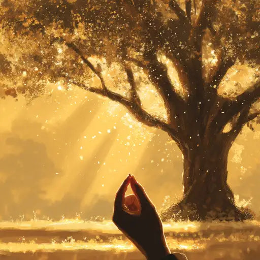 Silhouette of a hand making a gesture in front of a large tree with golden light filtering through.