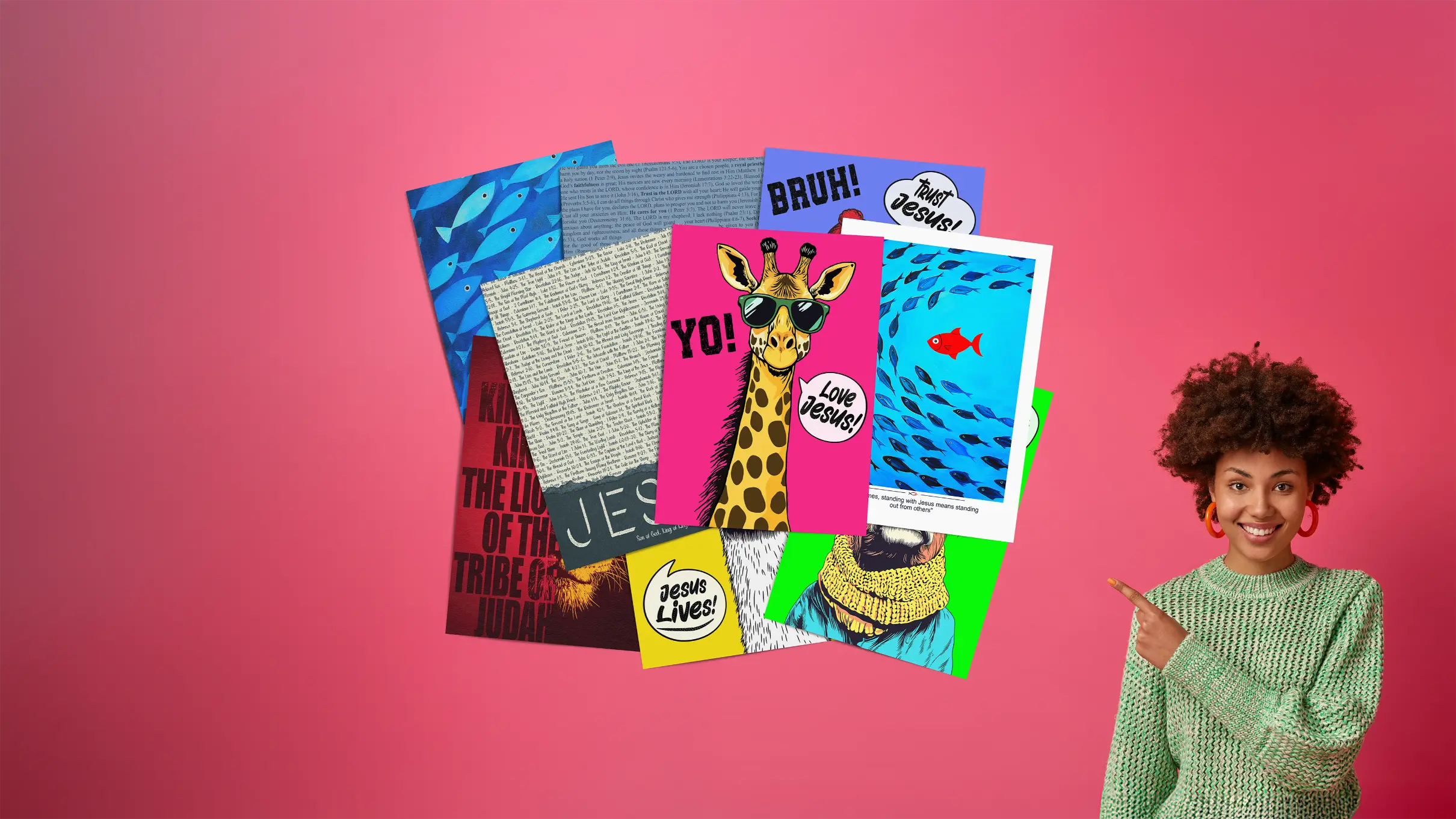 Woman pointing at a collection of colorful greeting cards against a pink background