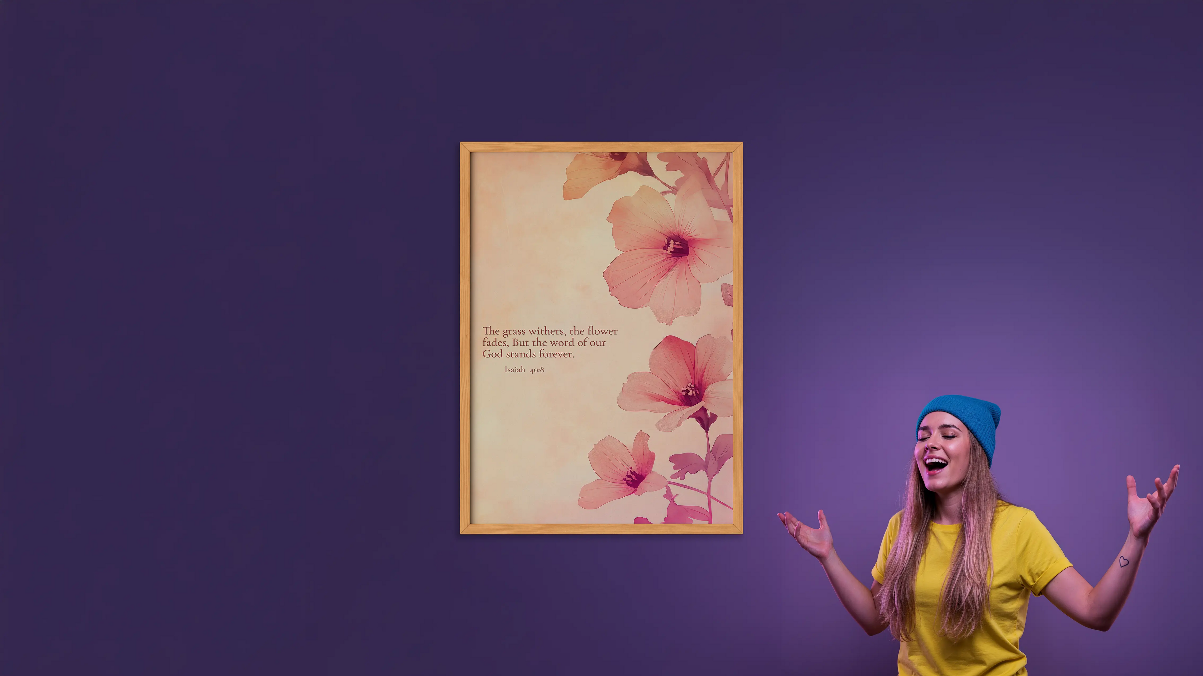 Woman in yellow shirt and blue hat reacting to a floral framed picture on a purple background