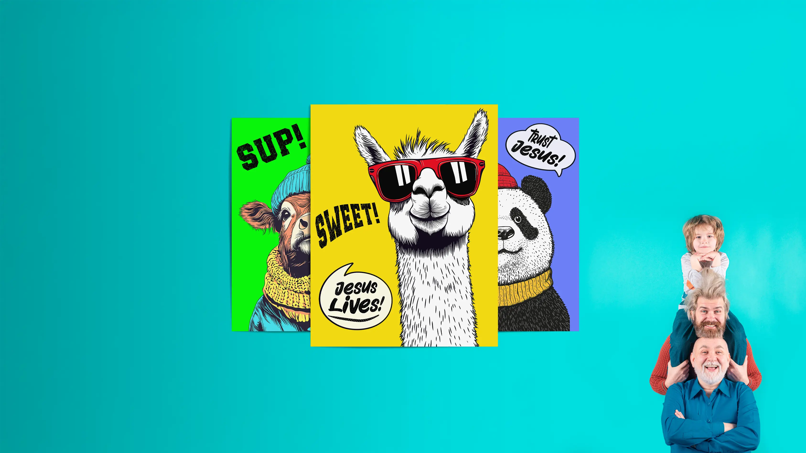 Three colorful greeting cards with animal illustrations on a blue background, featuring a man and child in the corner.