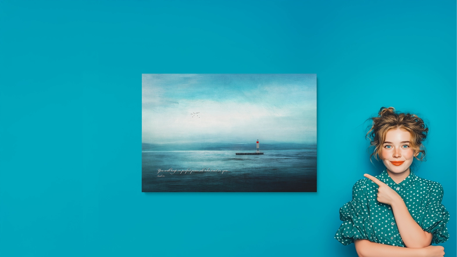 Woman pointing at a painting of a lighthouse on a blue wall