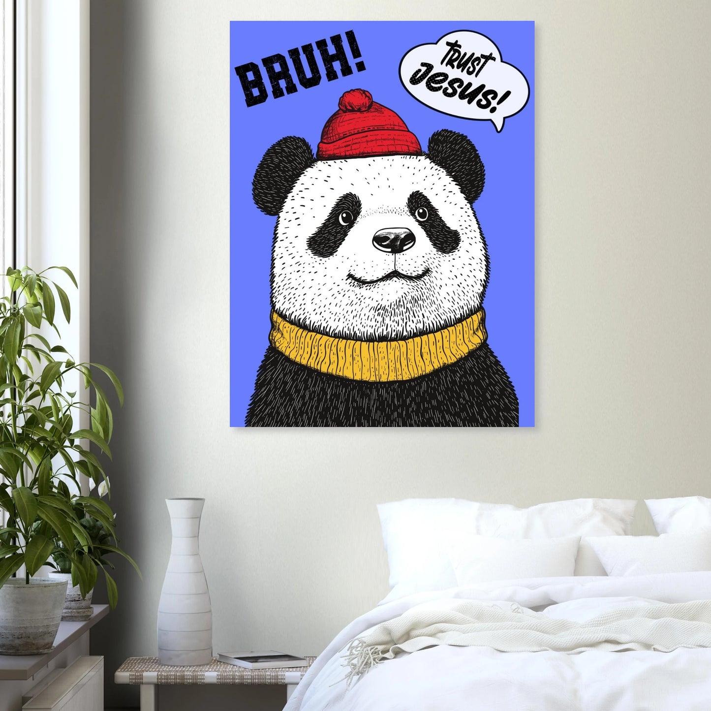 Panda illustration poster with Christian message displayed above a bed in a cozy bedroom
