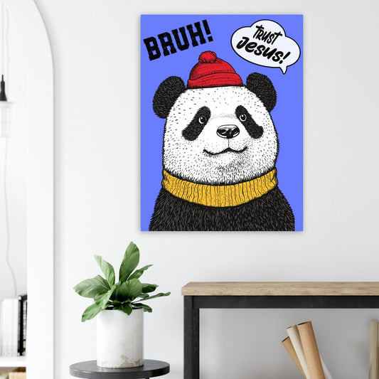 Panda Christian art with BRUH and Trust Jesus speech bubble displayed above a workspace with plant decor