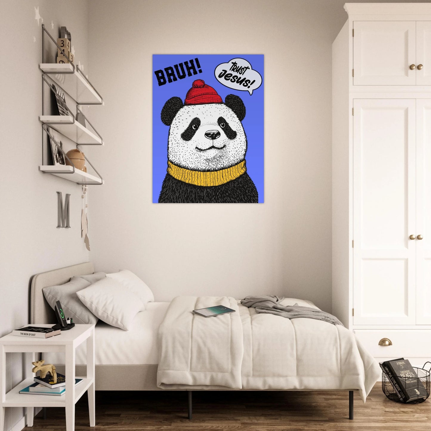 Panda Christian wall print hanging in a child or teen bedroom above pillows and shelves