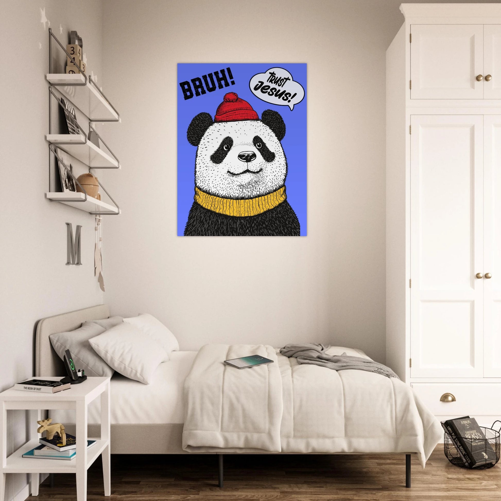 Panda Christian wall print hanging in a child or teen bedroom above pillows and shelves