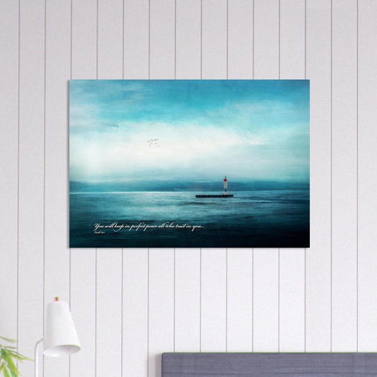 calming blue seascape lighthouse wall art on white shiplap wall in coastal room