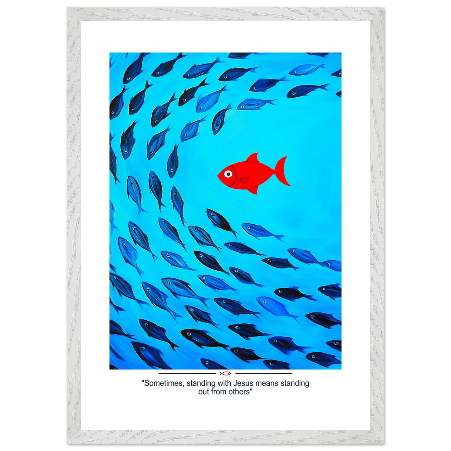 Framed Christian wall art featuring a red fish swimming in water with blue fish, and the text 'Sometimes standing with Jesus means standing out from others' as a quote.