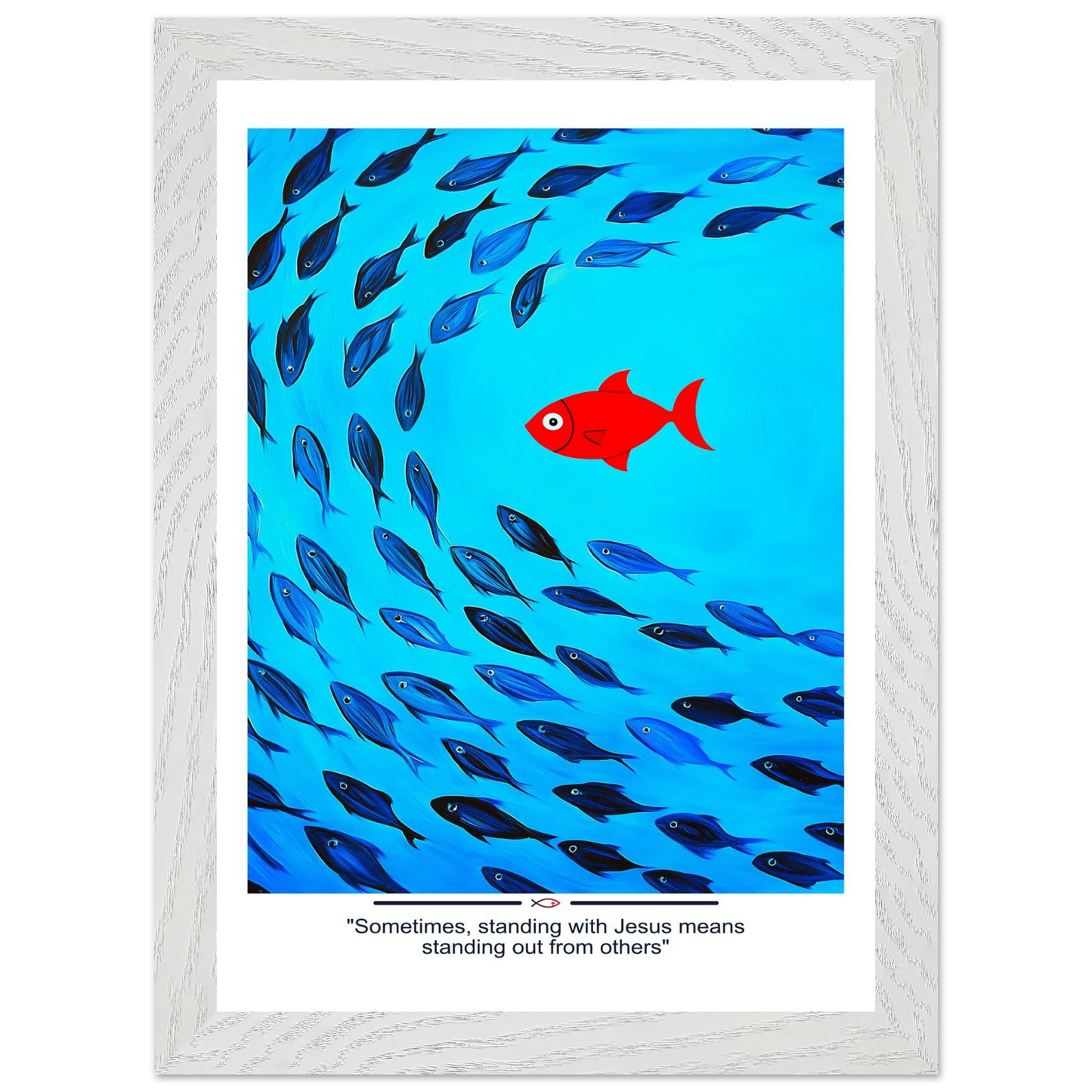 Framed Christian wall art featuring a red fish swimming in water with blue fish, and the text 'Sometimes standing with Jesus means standing out from others' as a quote.