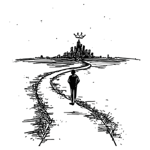 Illustration of a person walking towards a cityscape with a crown on a white background