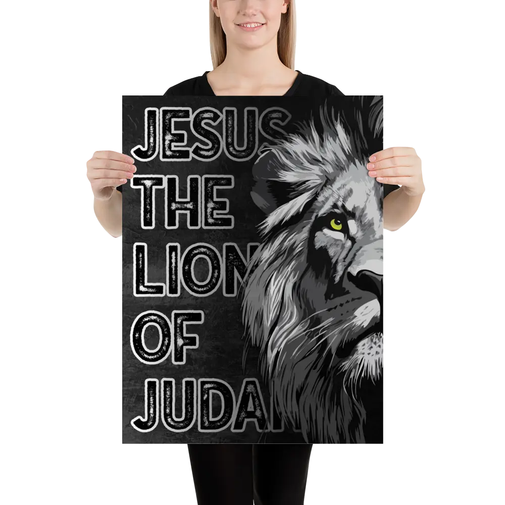 Person holding a poster with a lion and text 'Jesus the Lion of Judah' on a white background