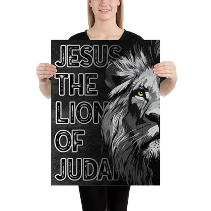 Person holding a poster with a lion and text 'Jesus the Lion of Judah' on a white background