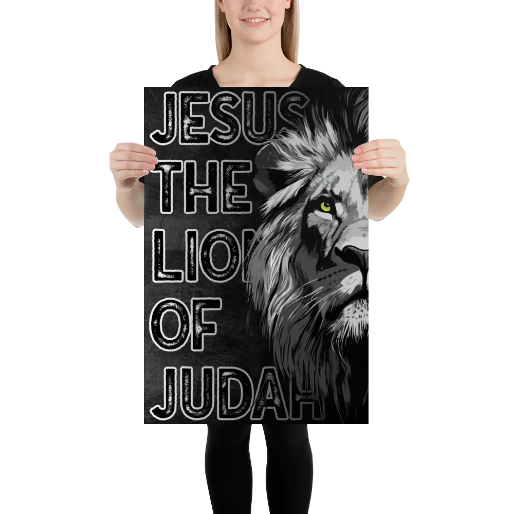 Person holding a poster with a lion and 'Jesus the Lion of Judah' text.