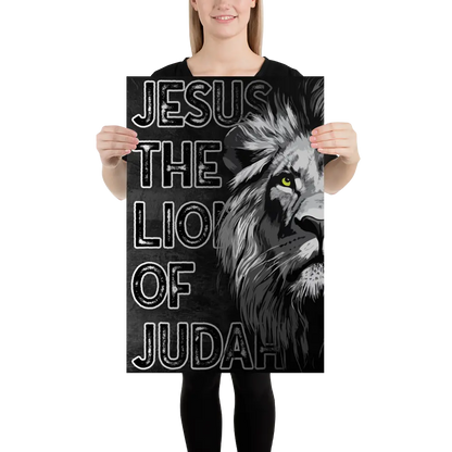 Person holding a poster with a lion and 'Jesus the Lion of Judah' text.
