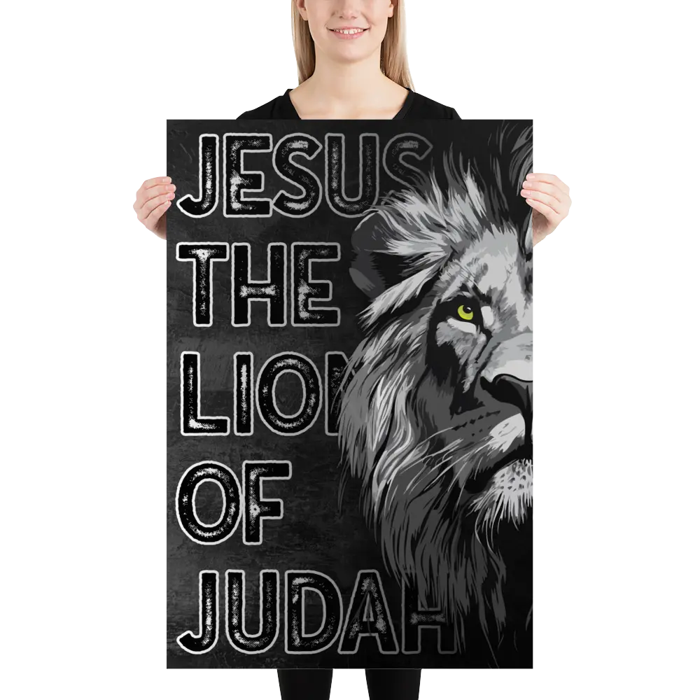 Person holding a poster with a lion and text 'Jesus the Lion of Judah' on a white background