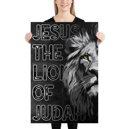 Person holding a poster with a lion and text 'Jesus the Lion of Judah' on a white background