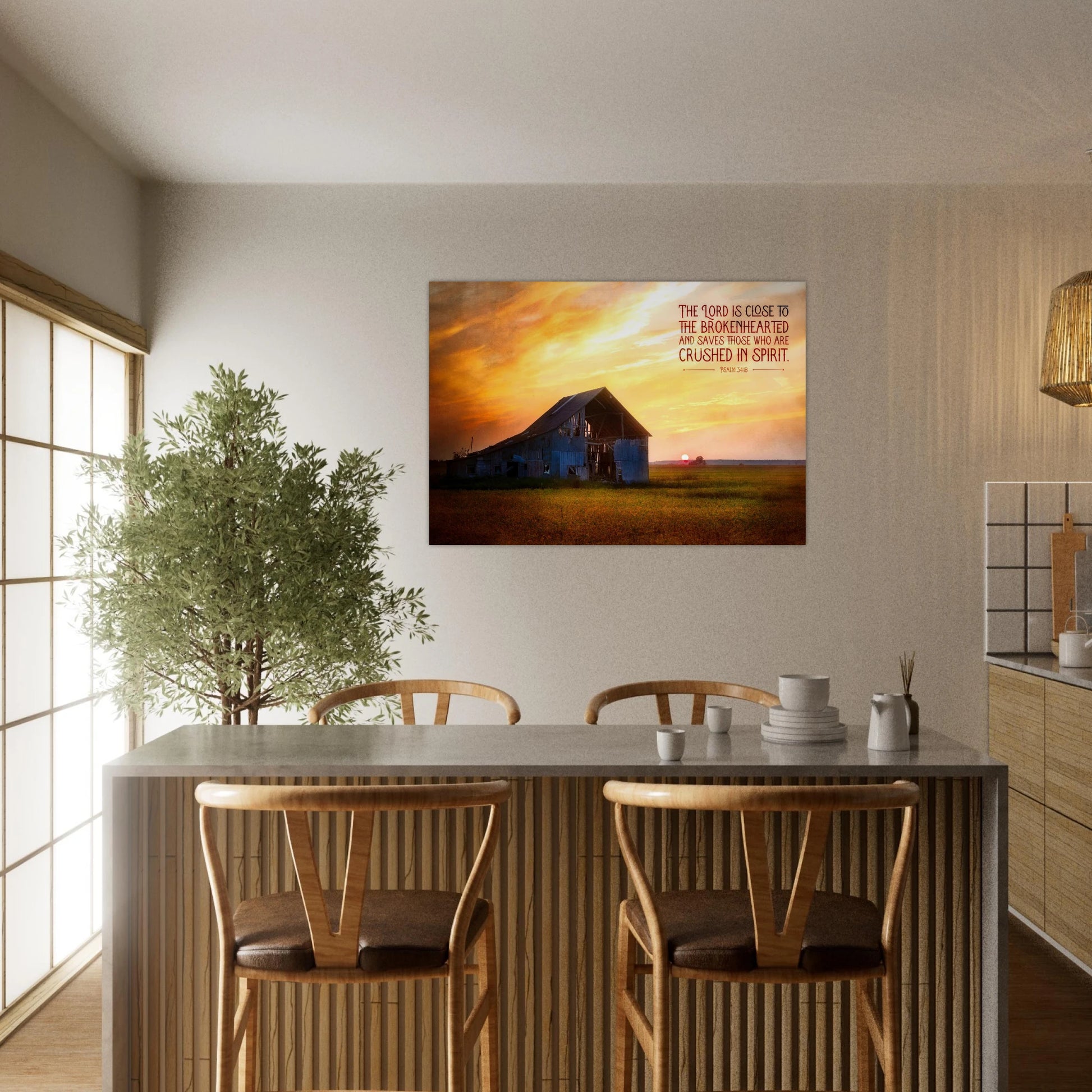 Dining room with a painting of a barn on the wall