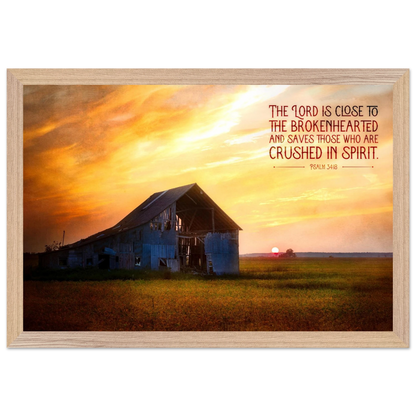 Sunset over a barn with a motivational quote on a white background