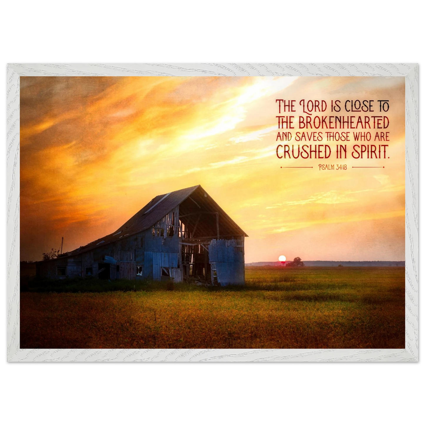 Sunset over a barn with a motivational quote on a white border