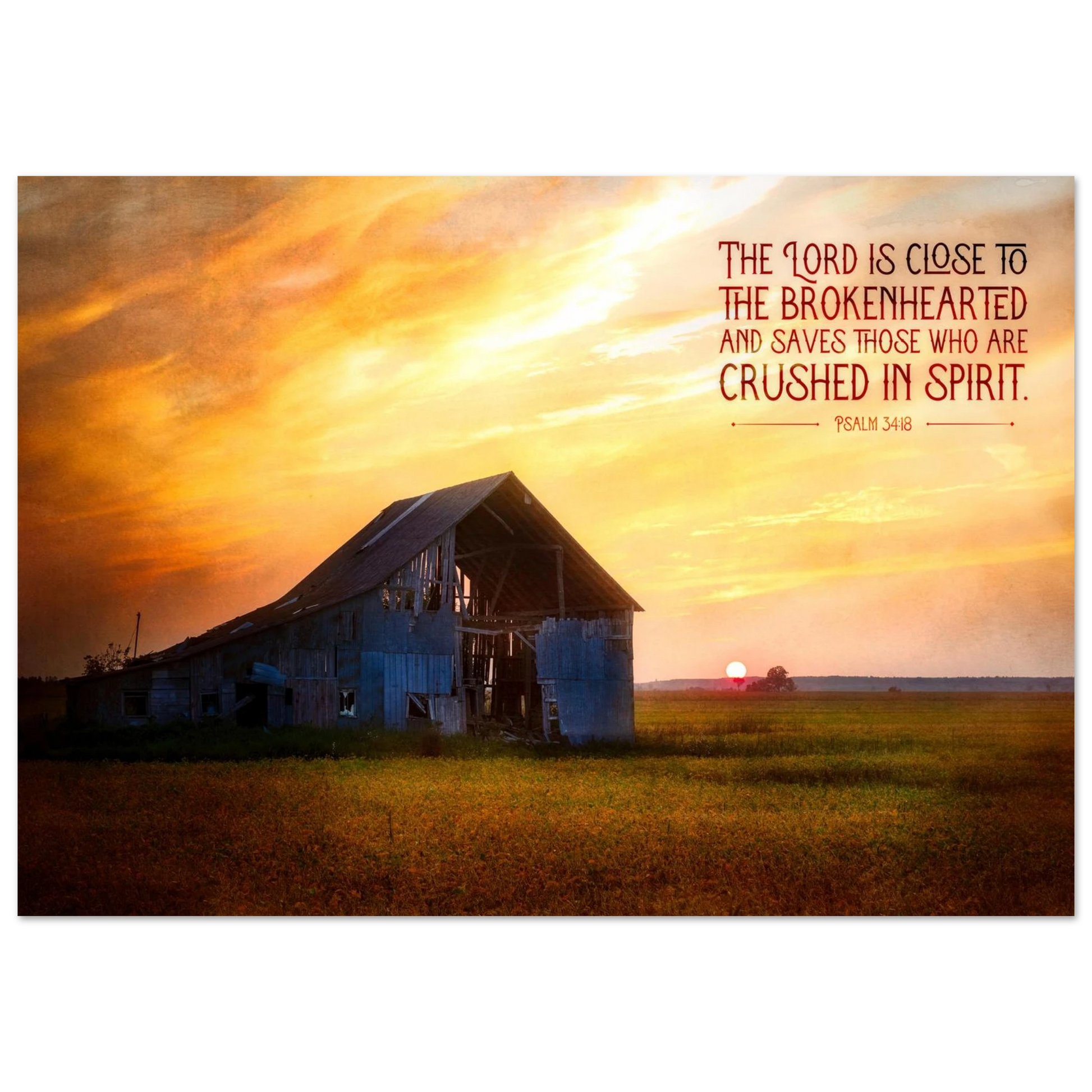 Sunset over a barn with a motivational quote on a white background